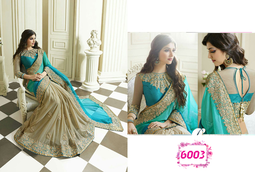 Diwali Offer Bollywood Designer Party Wear Saree - Georgette Fabric, 5.5 Meters Long, Blue and Cream with Hand Embroidery, Breathable and Washable