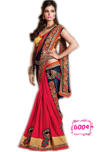 Bollywood Designer Party Wear Saree - Georgette 5.5 Meter & Silk Blouse 0.8 Meter , Multi-Color Embroidered with Hand Embroidery & Lace Decoration, All Season Trendy Style