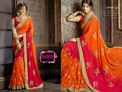 Bollywood Fancy Designer Party Wear Saree - Georgette Fabric 5.5 Meter Length in Orange and Red with Hand Embroidery