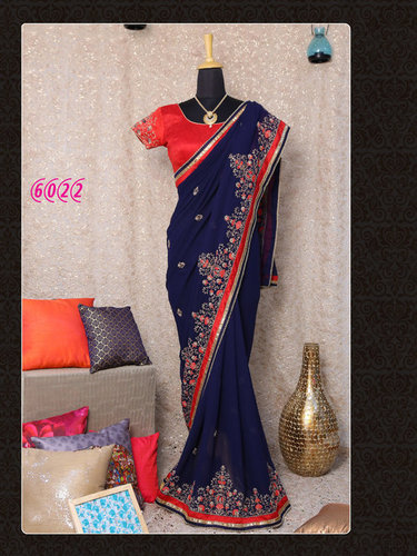 Bollywood Designer Exclusive Fancy Party Wear Saree - Silk, 5.5 Meter Size, Navy and Orange Color, Embroidered Pattern | Washable, No Fade, Short Sleeves