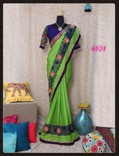 Bollywood Designer Party Saree - Silk Chiffon Fabric, 5.5 Meter Length, Green Printed Design with Dhupion Blouse 0.8 Meter