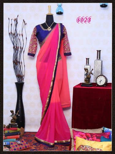 Best Offer Diwali Festival Bollywood Designer Fancy Party Wear Saree - Georgette Fabric, 5.5 Meters Length, Pink Color, Short Sleeve Blouse, Plain Pattern, All Season