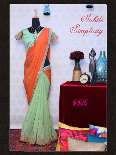 Bollywood Designer Exclusive Fancy Party Wear Saree - Georgette Fabric, 5.5 Meter Saree, Orange Green Color, Embroidered Pattern, Short Sleeves, All Season