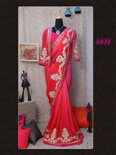 Best Offer Diwali Festival Bollywood Designer Party Wear Saree - Georgette Fabric, 5.5 Meter Saree, 0.8 Meter Blouse, Pink Color, Full Sleeves, Embroidered Pattern | All Season Wear, Washable, Exclusive Fancy Design