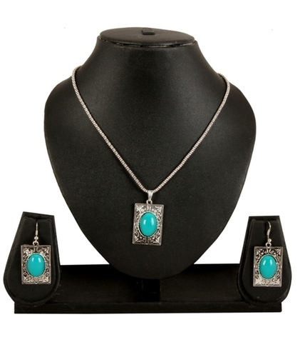 Adoreva Beautiful Ethnic Silver Green Garba Navratri Pendant And Earrings Set For Women And Girls Weight: 22 Grams (G)