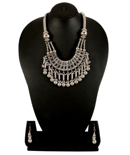 Adoreva Garba Navratri Silver Necklace Earrings Set For Women and Girls