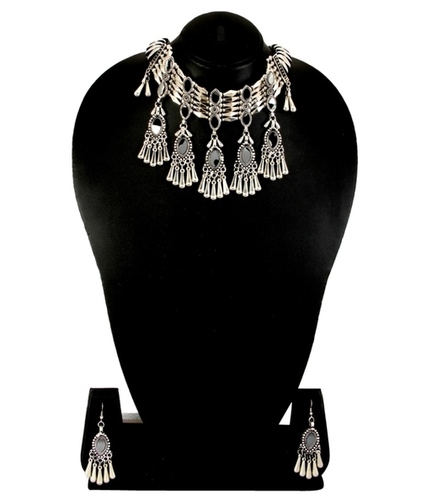 Adoreva Garba Navratri Silver Necklace Earrings Set For Women and Girls