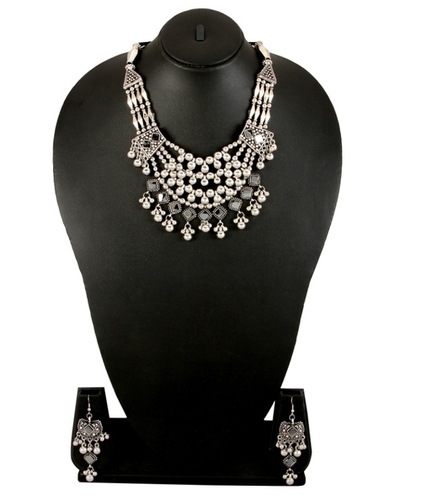 Adoreva Garba Navratri Silver Necklace Earrings Set For Women And Girls Weight: 94 Grams (G)