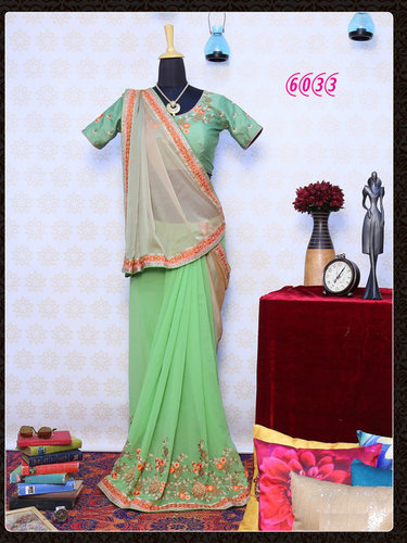 Festival Best Offer Bollywood Fancy Designer Party Wear Saree Sari - Georgette Fabric 5.5 Meter, Green and Cream with Embroidered Laces, Short Sleeve