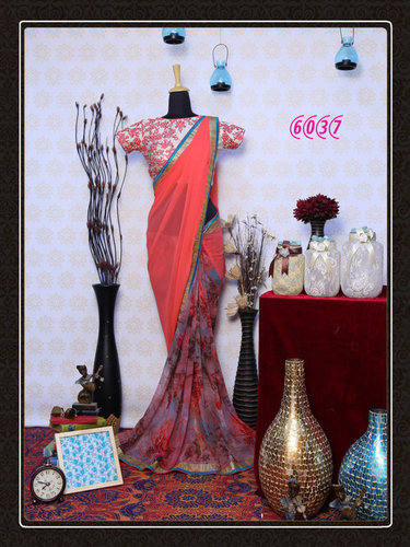 Exclusive Fancy Designer Bollywood Party Wear Saree - Georgette Material, 5.5 Meter Saree & 0.8 Meter Blouse, Orange Color, Embroidered with Laces, Short Sleeves