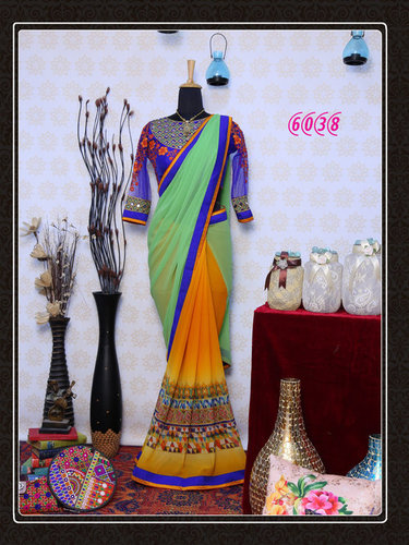 Best Offer Best Price Bollywood Designer Party Wear Saree Sari - Georgette, 5.5 Meter Size, Yellow and Green, Embroidered Pattern, Breathable and Washable, Casual Ethnic Wear