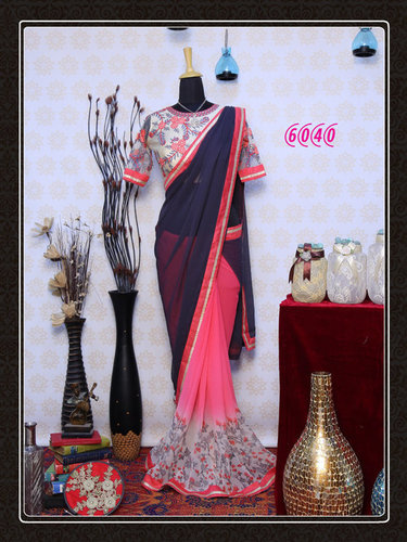 Stylish Designer Bollywood Party Wear Saree - Georgette, 5.5 Meter Length, Pink & Grey Color | Fancy Lace Decoration, All Season Wear, Short Sleeves