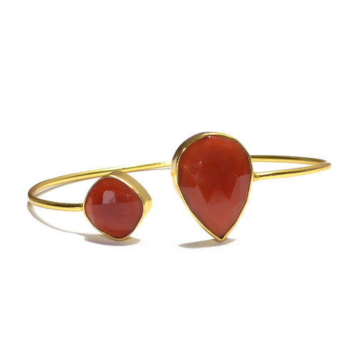 Carnelian Pear 925 Sterling Silver Bangle - Gold-Plated Cuff, Red Carnelian Stone