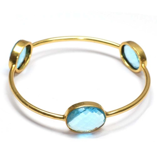 Blue Topaz Oval 925 Sterling Silver Bangle - 60-70 mm, Polished Finish, Elegant Design