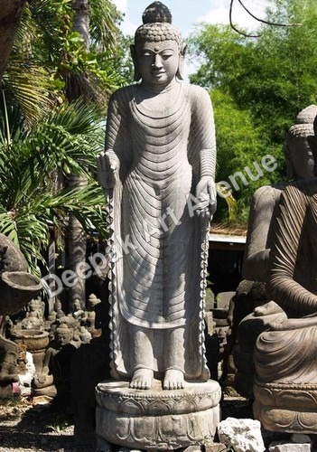 Tall Standing Buddha Statue - Stone, 6 Feet, Grey | Serene Presence, Hand-Carved Detail, Intricate Design