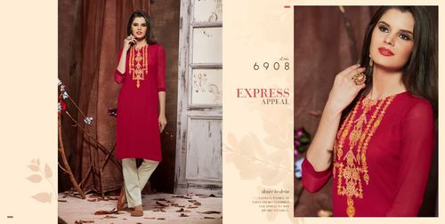 Georgette Kurti - Embroidered Red with Santoon Inner | Trendy Long Sleeve Available in M L XL XXL
