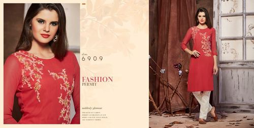 Georgette Kurti - Light Red with Embroidery Work, Sizes M to XXL, Long Sleeve Casual Wear