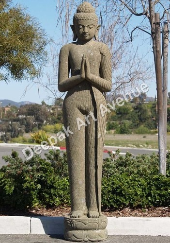Buddha Standing Statue - Stone, 60 Inches, Grey, Unpolished Finish | Serene Ambiance, Hand-Carved Detail, Intricate Art, Durable Material