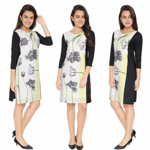 Heavy Crepe Kurti - Lemon & White Combination, Size L & XL | Embroidered 3-4th Sleeve, Casual Daily Wear