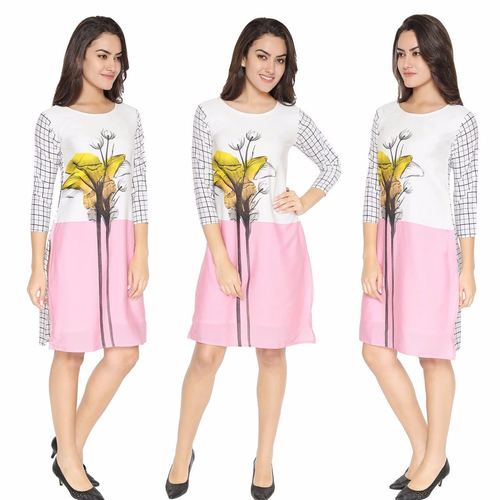 Crepe Kurti - Baby Pink and White Combination, L & XL Sizes, 3-4th Sleeve Style, Beautiful Printed Design, Casual Daily Wear