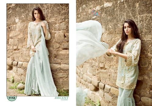 Festival Offer Designer Party Wear Salwar Kameez Suit - Georgette With Embroidery, Free Size Upto Semi Stitch, Grey Color, Full Sleeves