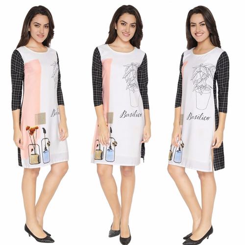 Crepe Kurti - Peach and White Size L and XL | 3-4th Sleeve Beautiful Printed Design for Casual Daily Wear