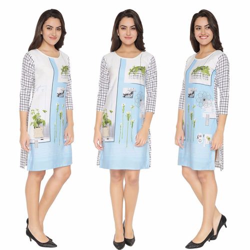 Sky Blue & White Printed Crepe Kurti