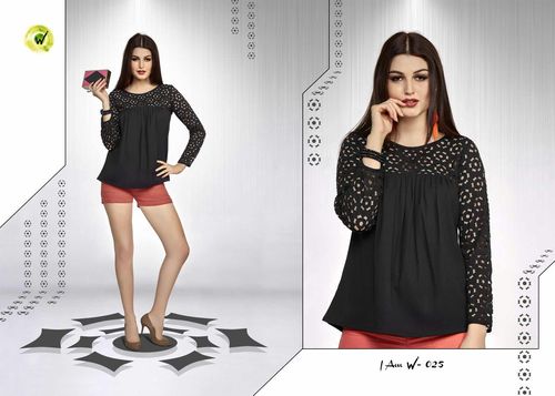 Black Superior Moss Crepe Kurti - Size S, M, L, XL & XXL | Elegant Net Embroidery Work, Stylish Long Sleeves, Trendy Casual Daily Wear