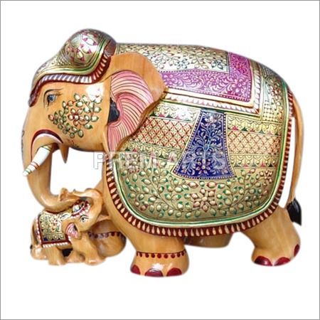 Decoration Wood Craft - Hand-Painted Elephant With Baby