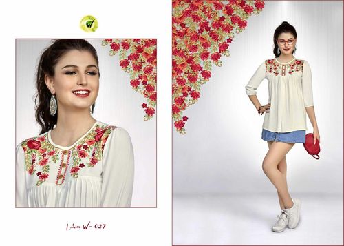 Moss Crepe Kurti - Cream With Flower Embroidery | Trendy 3-4th Sleeve, Available in Sizes S, M, L, XL, XXL