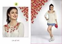 Moss Crepe Kurti - Cream With Flower Embroidery | Trendy 3-4th Sleeve, Available In Sizes S, M, L, Xl, Xxl
