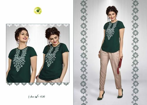 Green Crepe Trendy Top - Sizes S, M, L, XL, XXL | Printed Design, Short Sleeves, Versatile Casual Wear