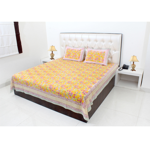 Cotton Printed Bed Sheet - 100% Cotton, Mustard Color | Elegant Design with 2 Pillowcases, Pre-Washed Fabric for Durability and Comfort