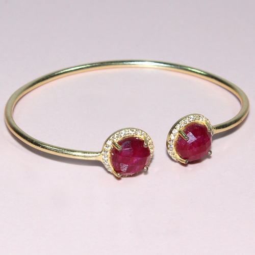 Dyed Ruby With Cz Round 925 Sterling Silver Bangle - 925 Sterling Silver, Gold-Plated, Red, Round Stones, Elegant Design