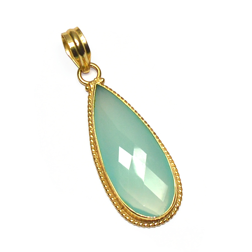 Peru Chalcedony Pear 925 Sterling Silver Pendant - 15-20mm, Blue Chalcedony, Bezel Setting, Elegant Design