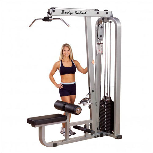 Commercial Gym Machine - Steel Mainframe 62x24x83 inches, Powder-Coated Finish, Nylon-Coated Steel Cables, Chrome-Plated Guide Rods, Fiberglass Nylon Pulleys, DuraFirm Upholstery Pads, Machine Drilled Weight Plates