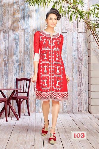 Coral Red Embroidered Kurti