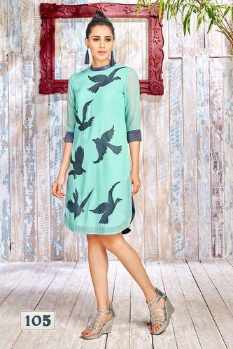 Embroidered Georgette Kurti - Size L/XL/XXL Sea Green Color | Trendy 3-4th Sleeve Design Perfect for Casual and Daily Wear