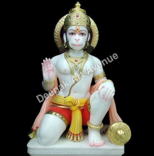 Marble Hanuman Moorti - Marble, White, Polished Finish | Intricate Details, Fine Craftsmanship, Spiritual Significance, Elegant Design