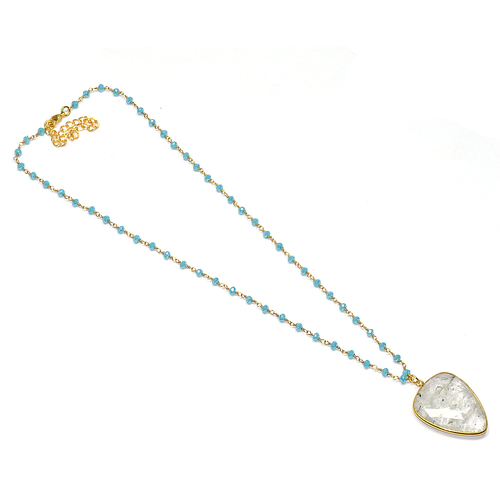 Blue Chalcedony With Black Rutile Triangle 925 Sterling Sliver Beaded Necklace
