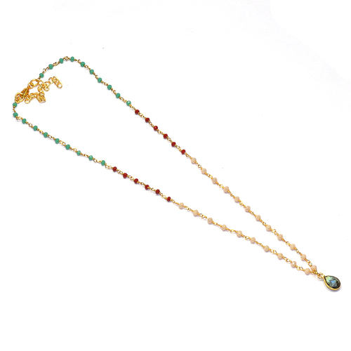 Labradorite,Opal Hydro with Carnelian,Green Onyx Pear 925 Sterling Sliver Beaded Necklace