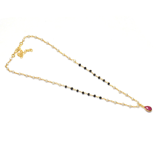 Pearl,Black Spinel With Dyed Ruby 925 Sterling Sliver Beaded Necklace