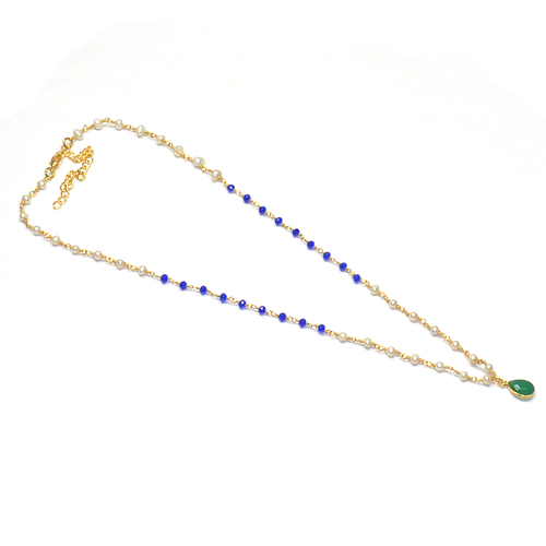 Pearl, Green Onyx With Blue Hydro 925 Sterling Sliver Beaded Necklace