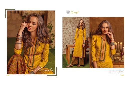 Cotton Satin Plazzo Suit - Beautiful Yellow with Printed Work Full Sleeves & Matching Chiffon Dupatta | Custom Sizes 34 to 46 Unstitched Options Available