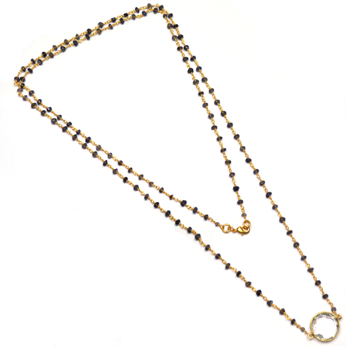Iolite Hydro with Crystal Round 925 Sterling Sliver Beaded Necklace
