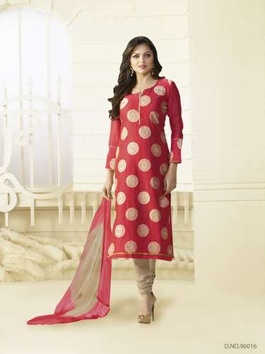 Exclusive Dress Material - Contrast Lakhnavi Resham Thread Work With Ready Lace, Fuchsia Embroidered Design for Spring, Dry Clean Only