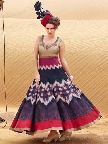 Fancy Designer Bhagalpuri Printed Gown - Cotton, 3 Meter Ghera, Multi-Color | Hand Work, Washable, Sleeveless, Ethnic Indian Print