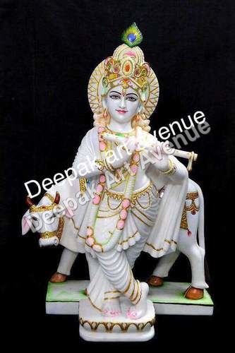 Krishna Marble Statue - Marble, White | Hand-Carved, Intricate Details, Polished Finish, Traditional Style