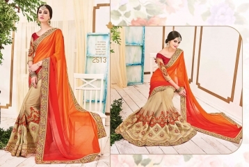 Embroidered Magnetic Orange Georgette Net Designer Saree