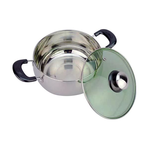 Steel Cookware - Stainless Steel 20cm x 10cm, 2mm Base | Durable, Even Heating, Heat Resistant, Bakelite Handle, Tempered Glass Lid